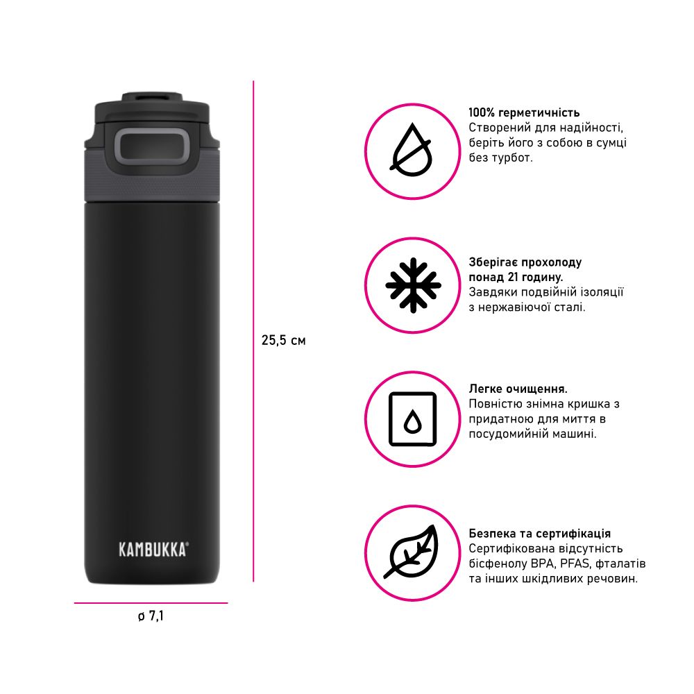 Термопляшка для води Kambukka Elton Insulated вакуумна 600 мл насичена чорна - 11-03038