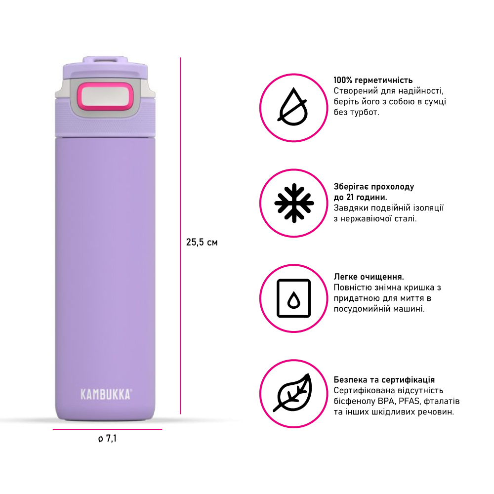 Термопляшка для води Kambukka Elton Insulated вакуумна 600 мл лавандова - 11-03034